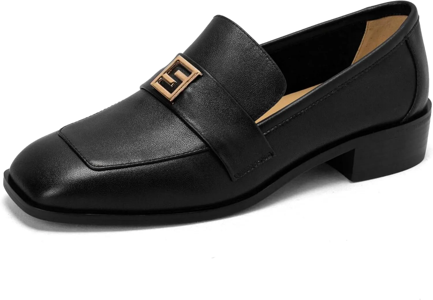 Women's Square Toe Loafers Low Chunky Heel Comfortable Penny Loafer Women Classic Business Dress Shoes Buckle Slip On Work Casual Flat Shoes for Ladies