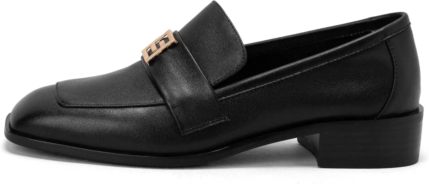 Women's Square Toe Loafers Low Chunky Heel Comfortable Penny Loafer Women Classic Business Dress Shoes Buckle Slip On Work Casual Flat Shoes for Ladies