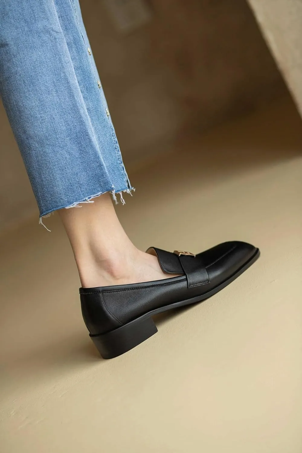 Women's Square Toe Loafers Low Chunky Heel Comfortable Penny Loafer Women Classic Business Dress Shoes Buckle Slip On Work Casual Flat Shoes for Ladies
