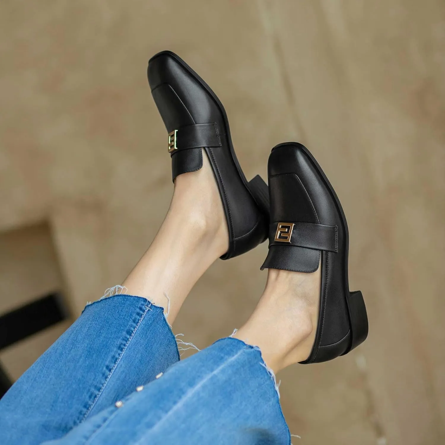 Women's Square Toe Loafers Low Chunky Heel Comfortable Penny Loafer Women Classic Business Dress Shoes Buckle Slip On Work Casual Flat Shoes for Ladies