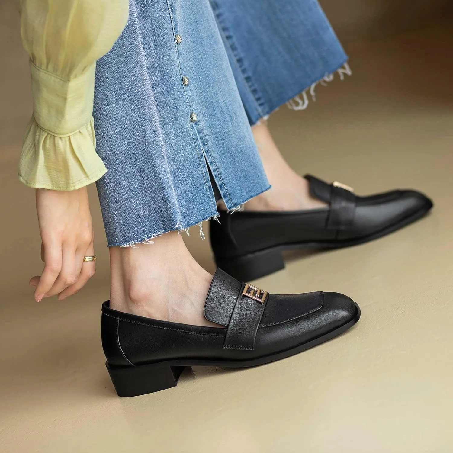 Women's Square Toe Loafers Low Chunky Heel Comfortable Penny Loafer Women Classic Business Dress Shoes Buckle Slip On Work Casual Flat Shoes for Ladies