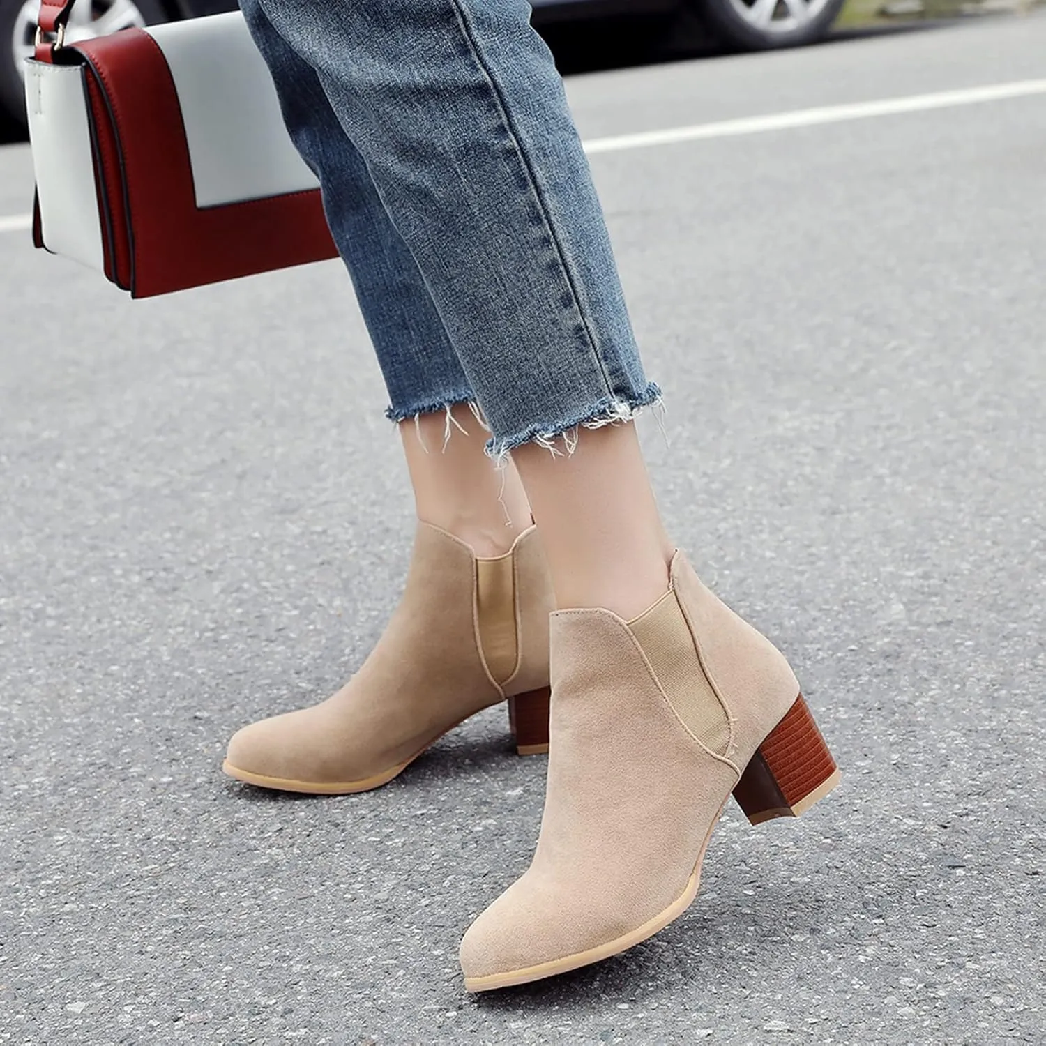 Womens Suede Ankle Boots Casual Chunky Heels