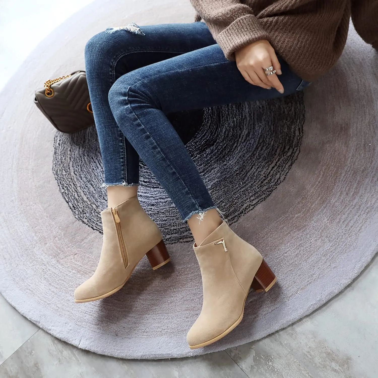 Womens Suede Ankle Boots Casual Chunky Heels