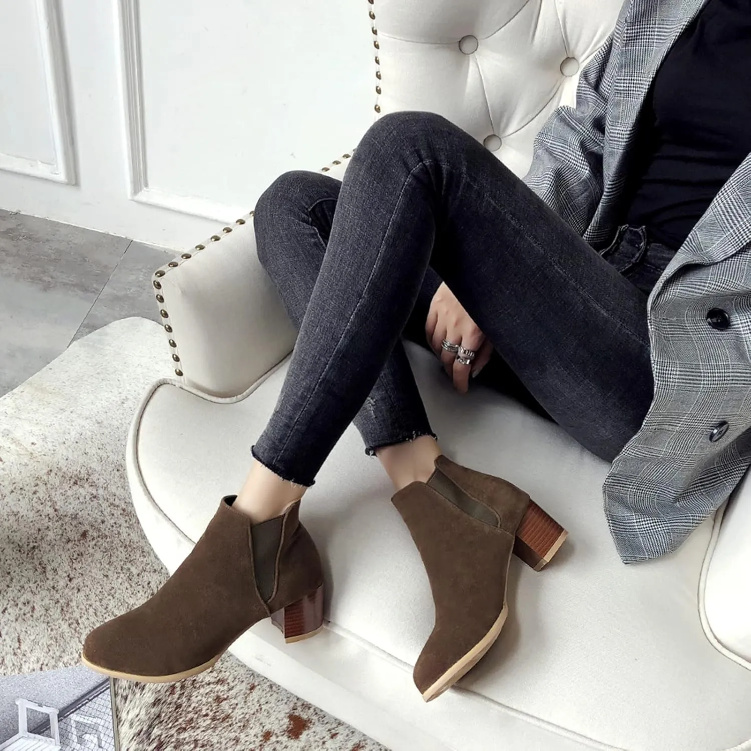 Womens Suede Ankle Boots Casual Chunky Heels