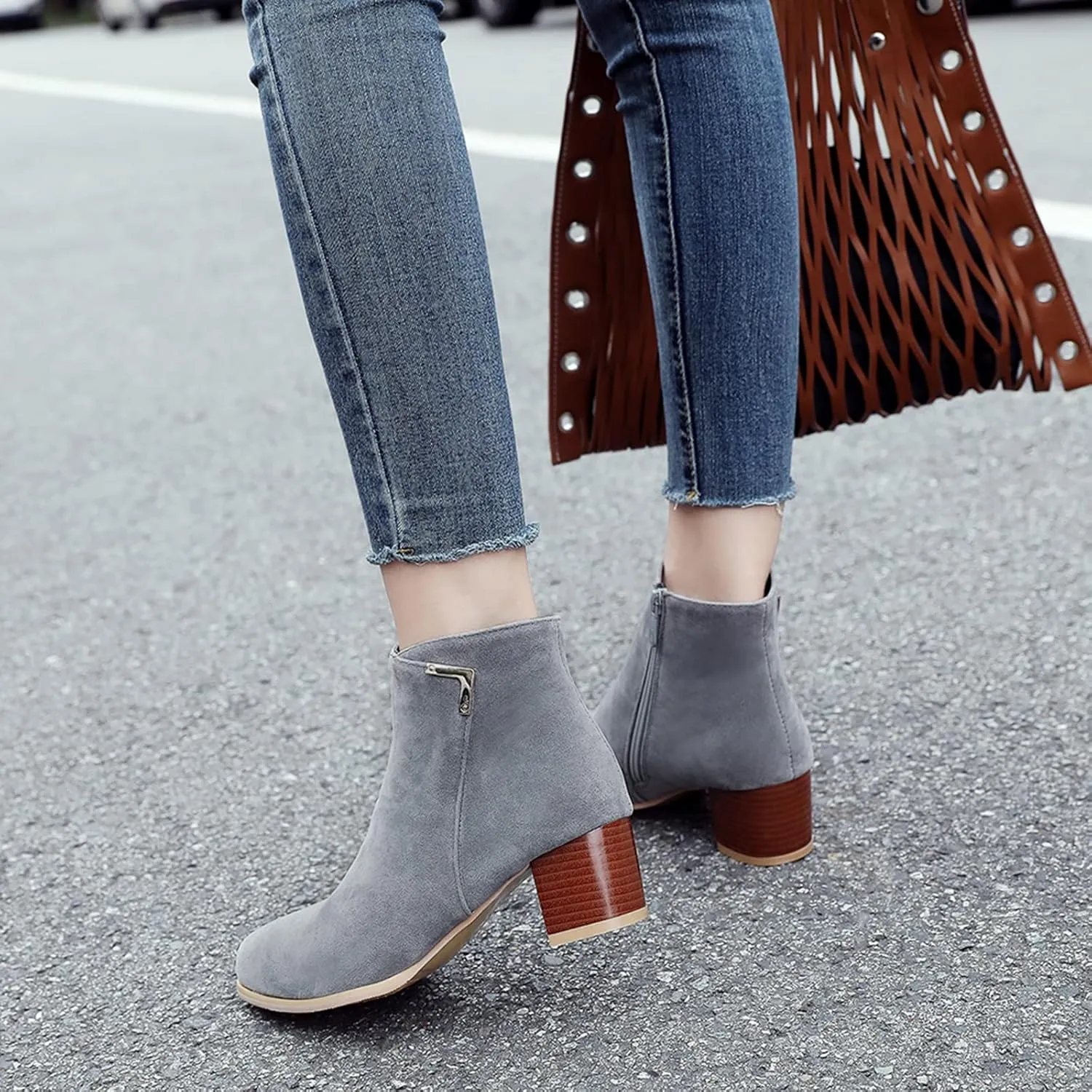 Womens Suede Ankle Boots Casual Chunky Heels