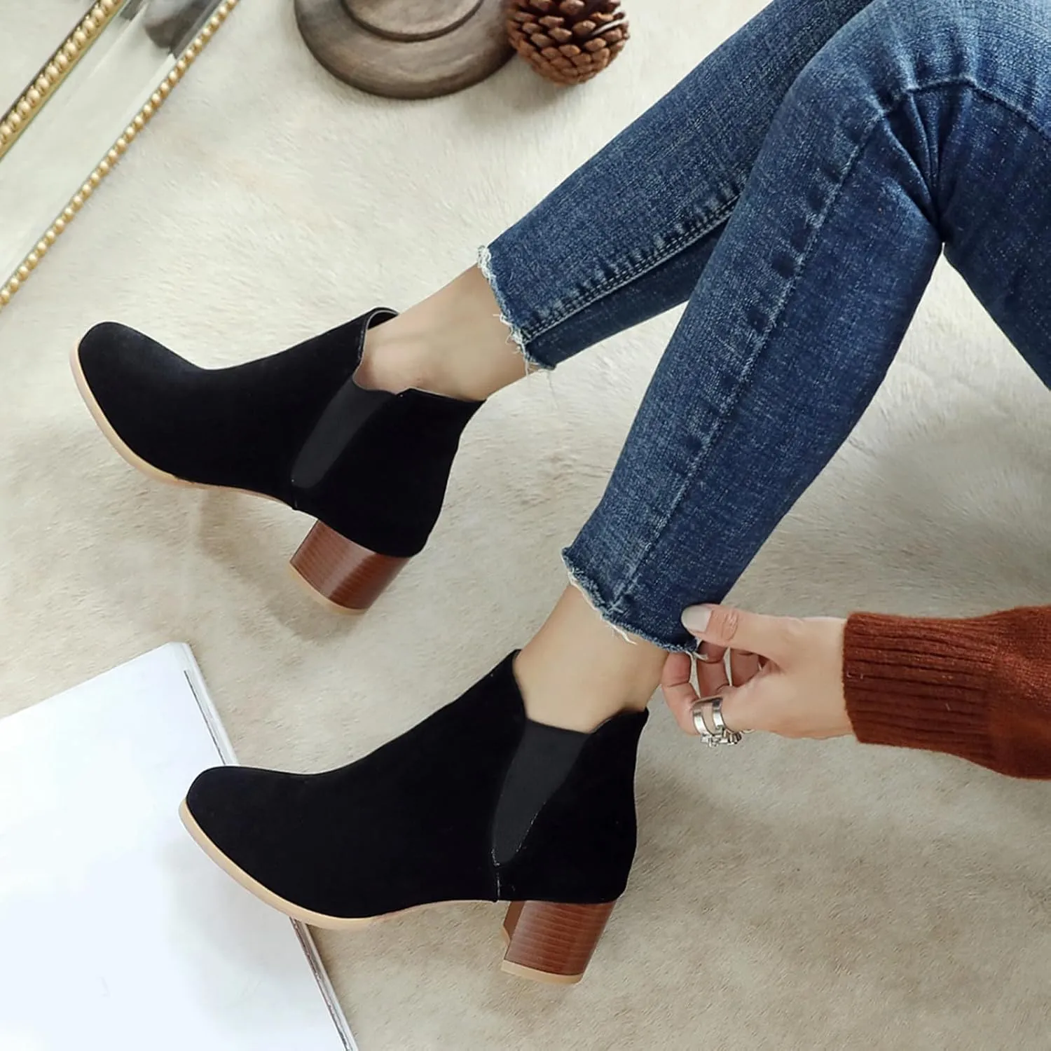 Womens Suede Ankle Boots Casual Chunky Heels