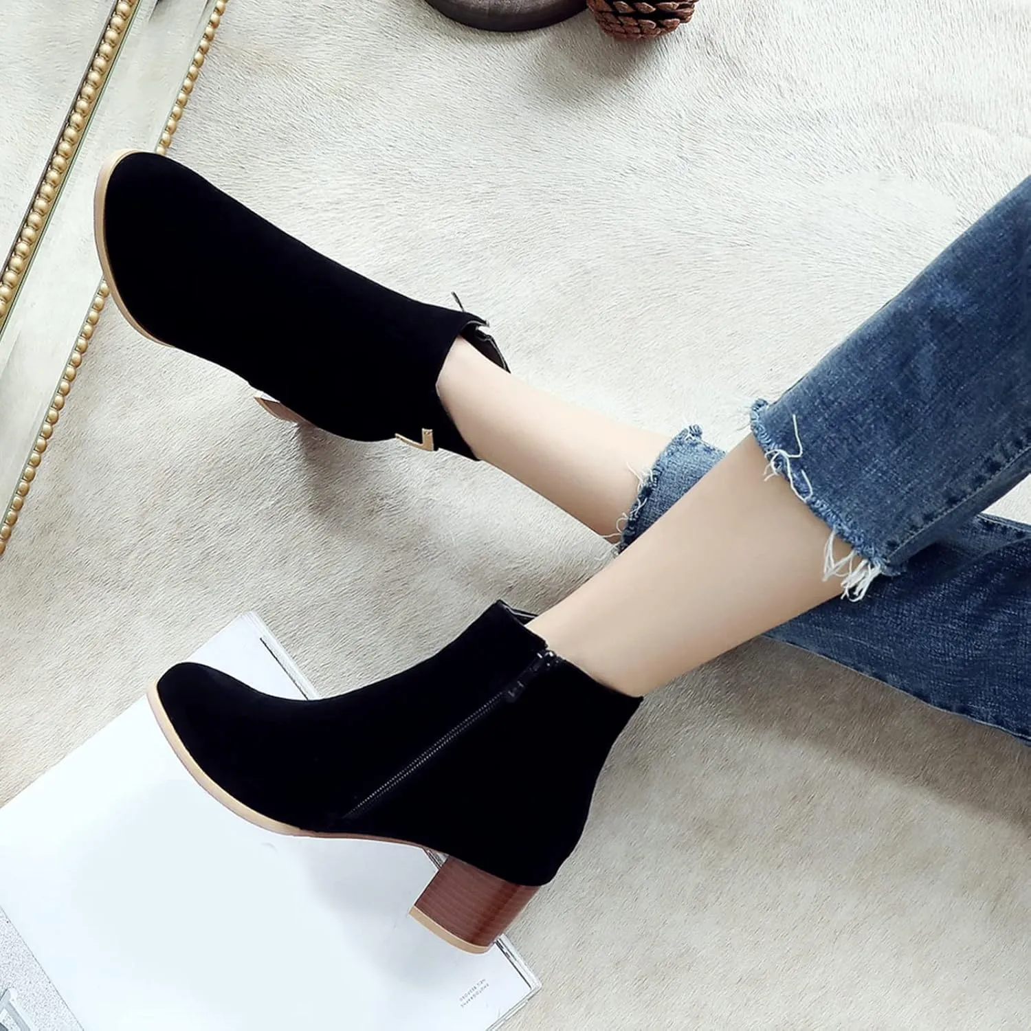 Womens Suede Ankle Boots Casual Chunky Heels