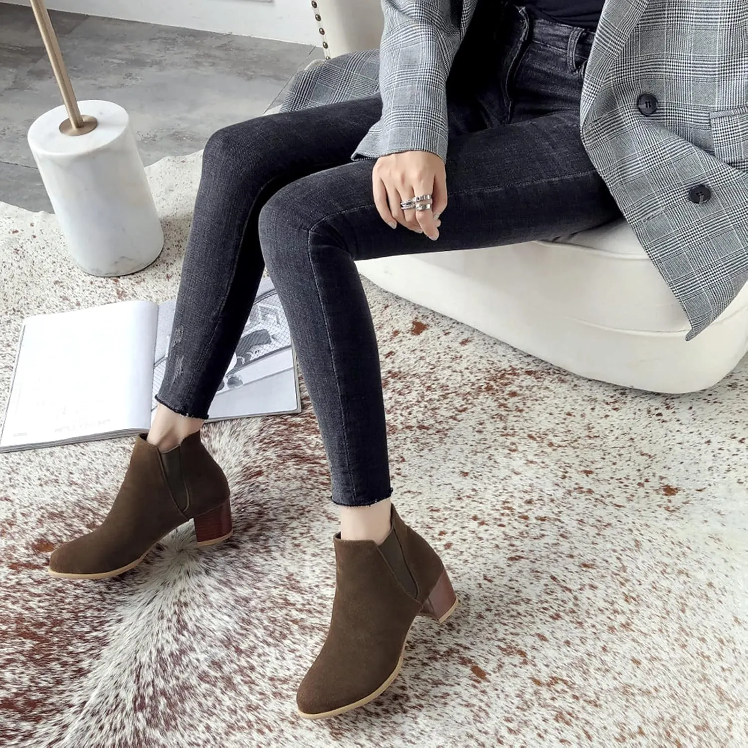 Womens Suede Ankle Boots Casual Chunky Heels