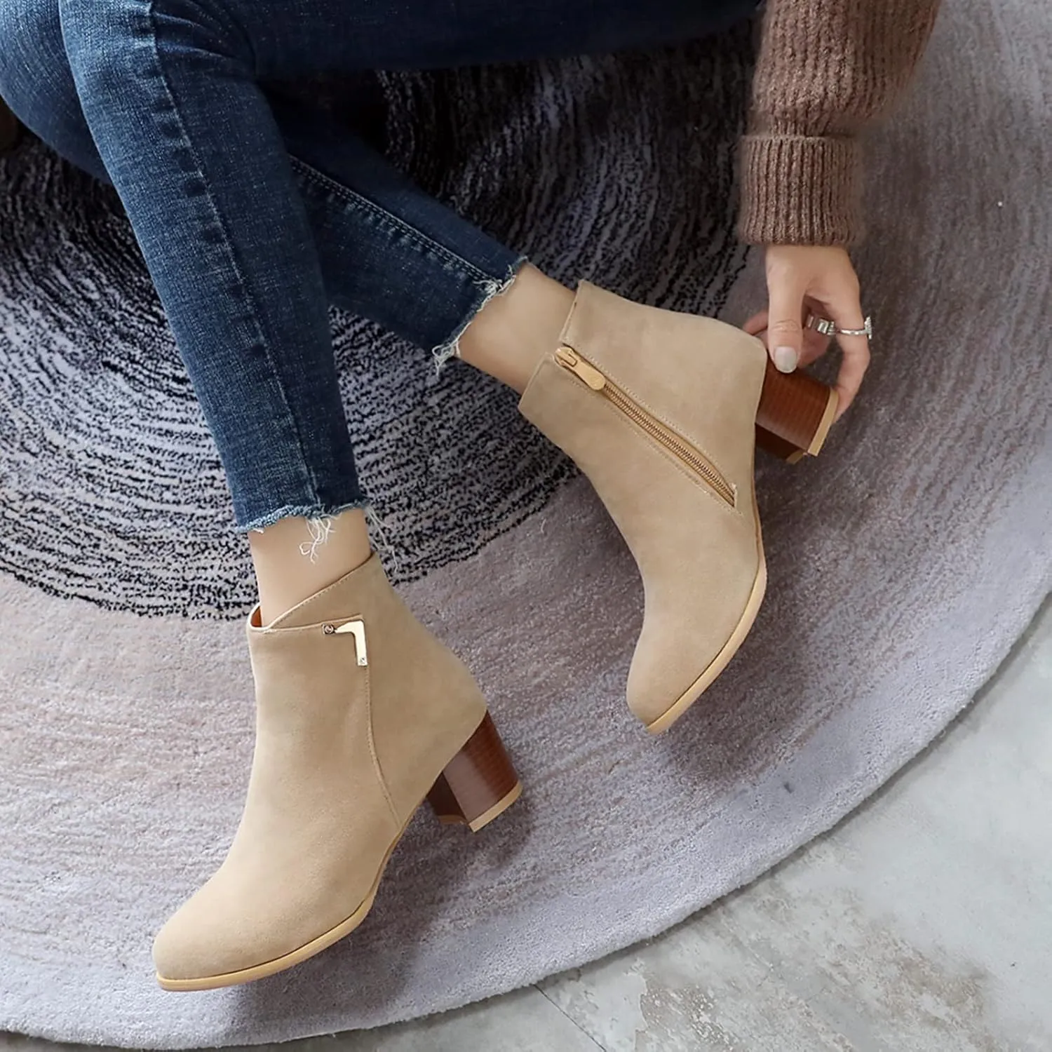 Womens Suede Ankle Boots Casual Chunky Heels