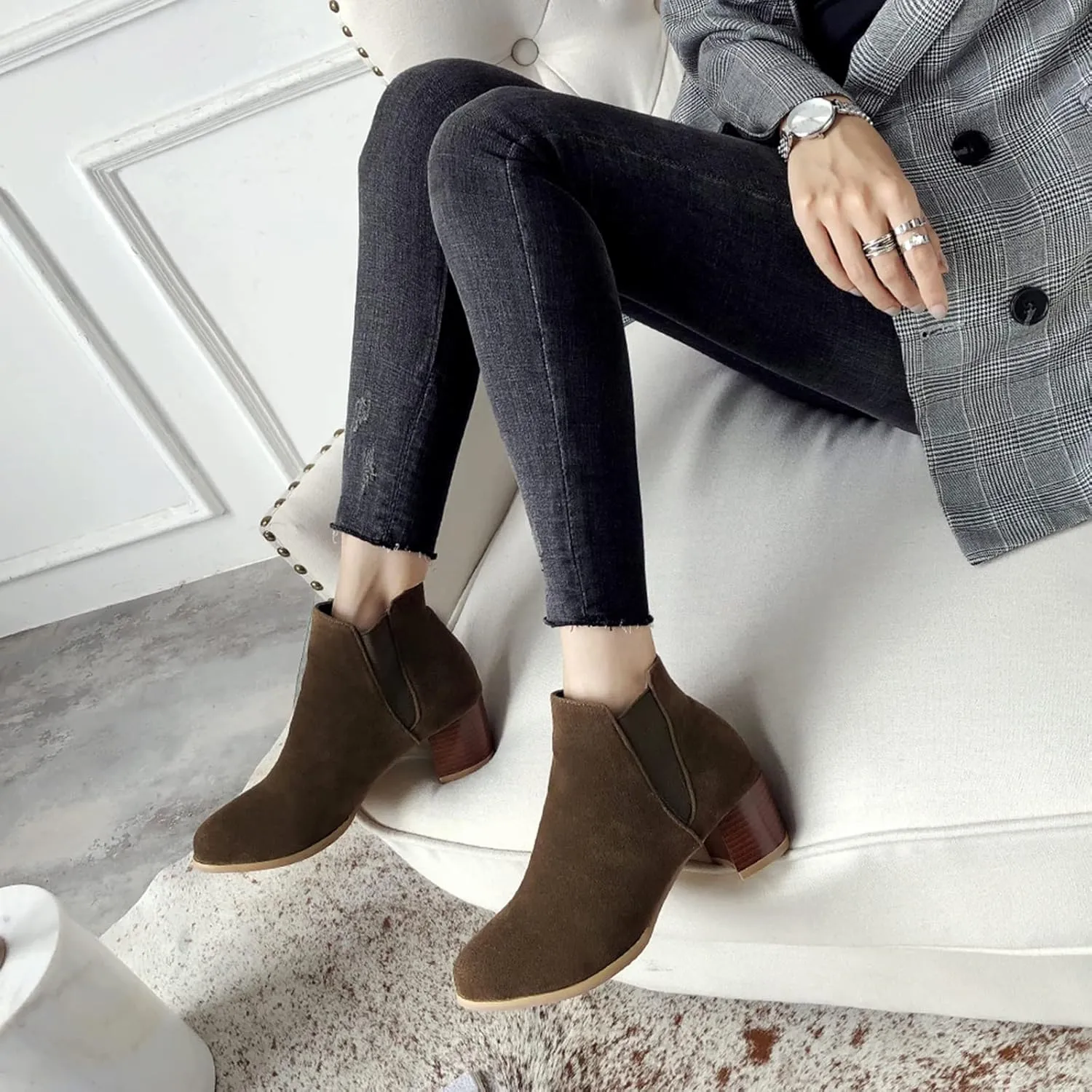 Womens Suede Ankle Boots Casual Chunky Heels