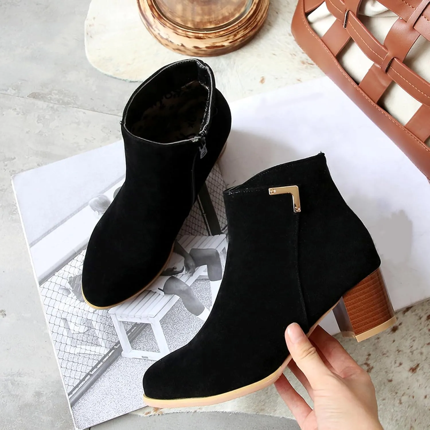 Womens Suede Ankle Boots Casual Chunky Heels