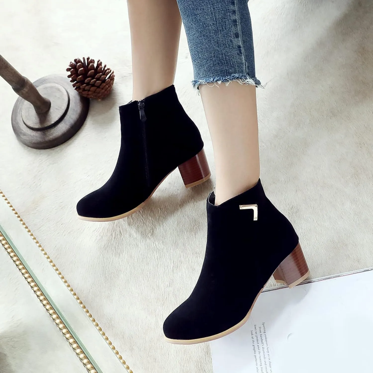 Womens Suede Ankle Boots Casual Chunky Heels