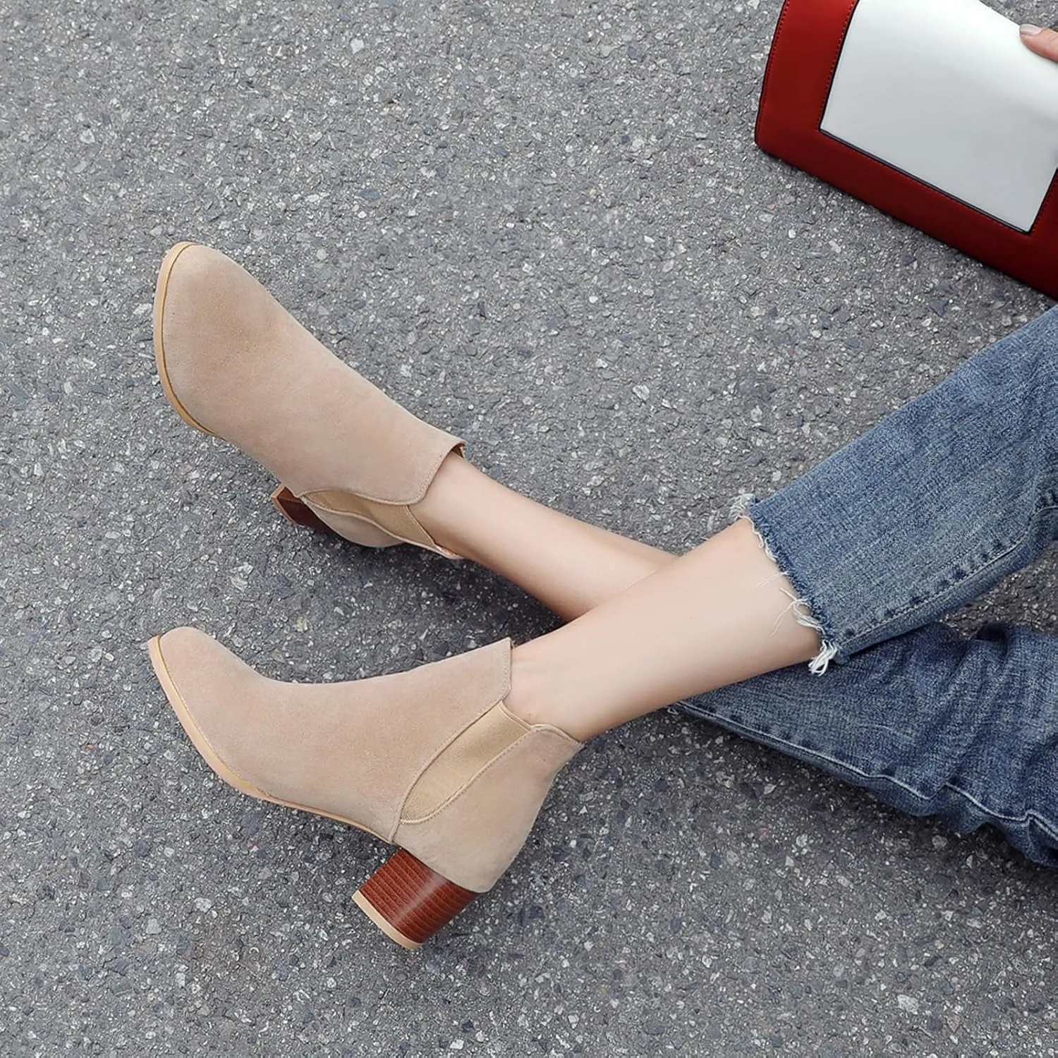 Womens Suede Ankle Boots Casual Chunky Heels