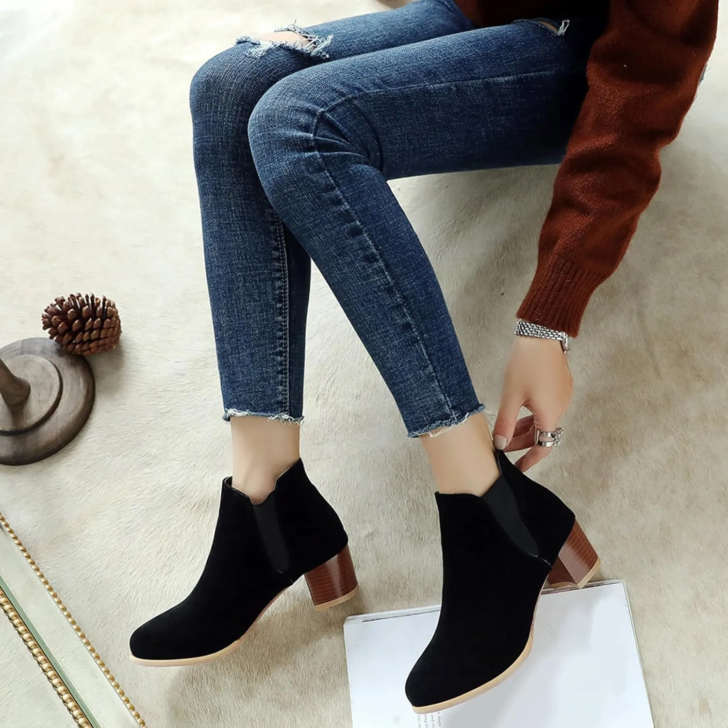 Womens Suede Ankle Boots Casual Chunky Heels