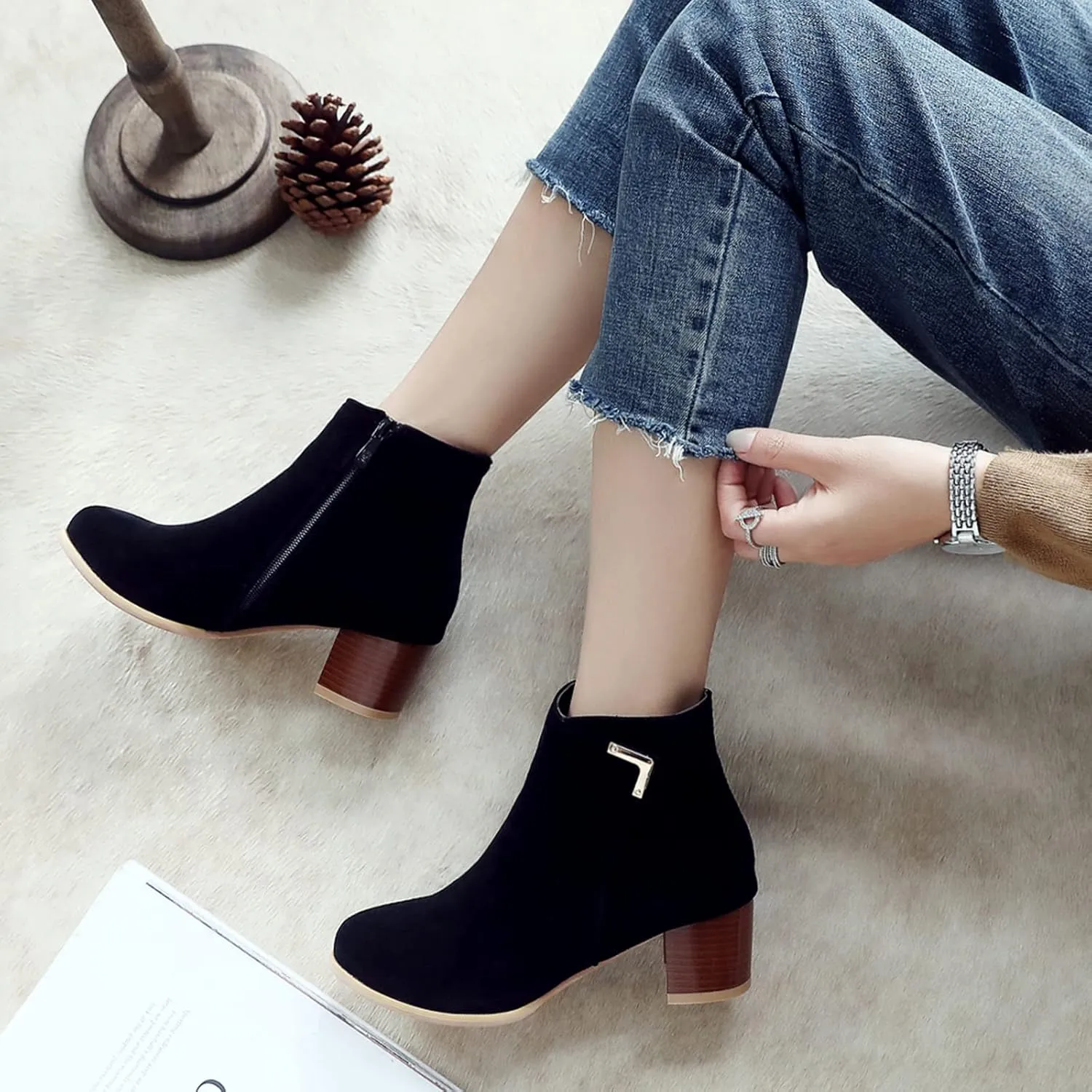 Womens Suede Ankle Boots Casual Chunky Heels