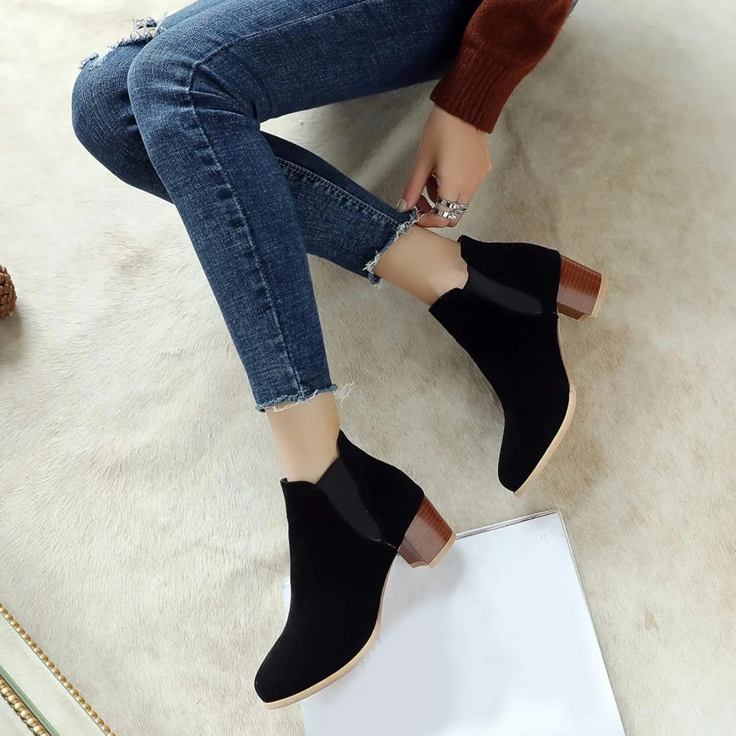 Womens Suede Ankle Boots Casual Chunky Heels
