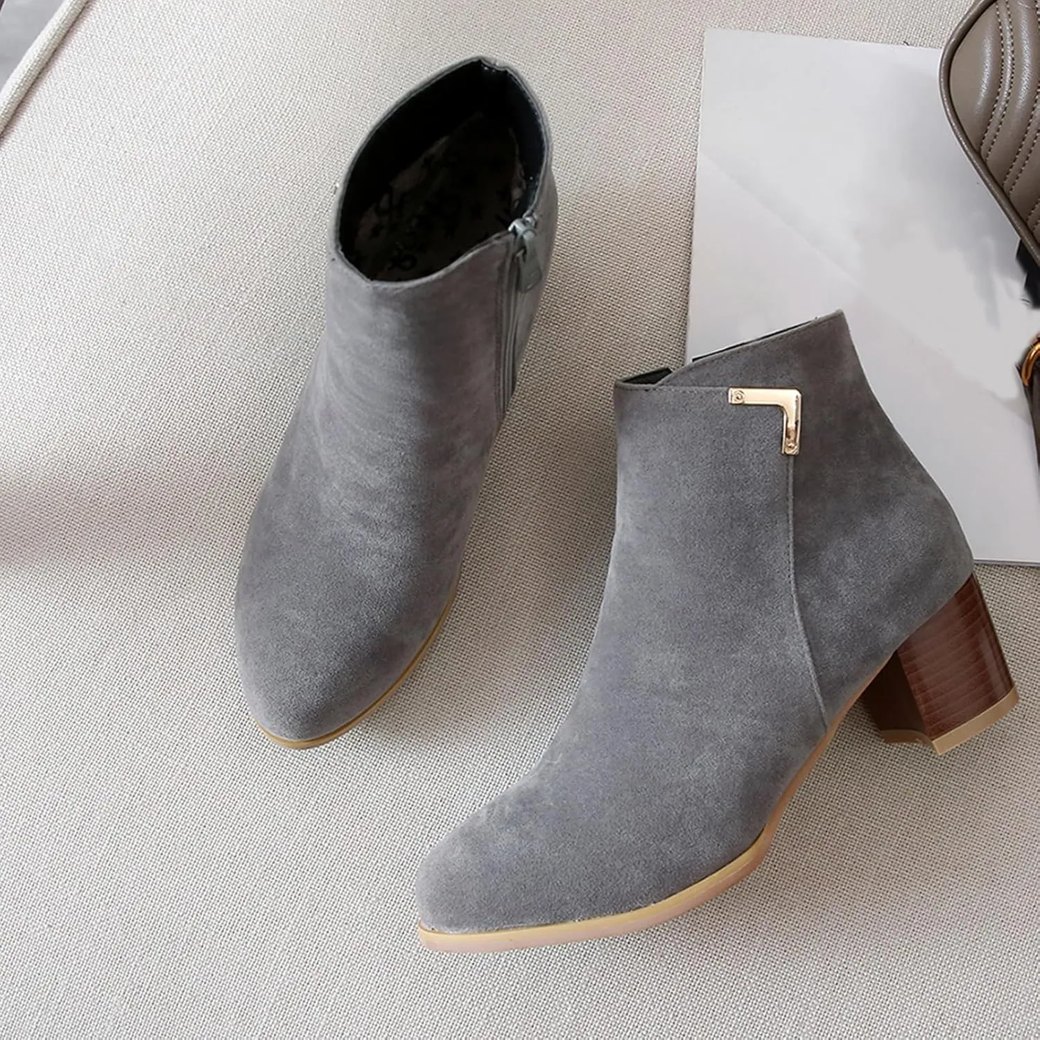 Womens Suede Ankle Boots Casual Chunky Heels