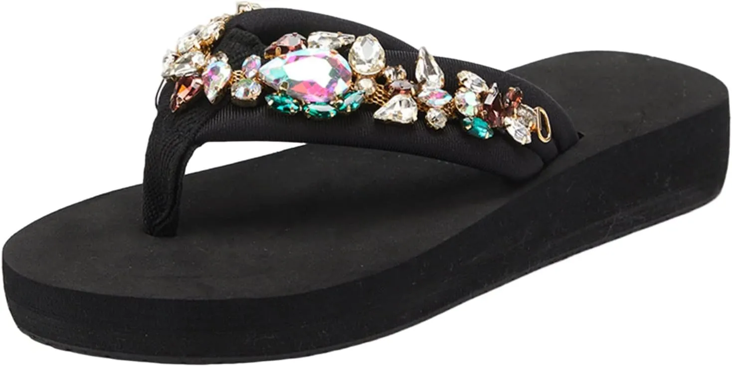 Women’s Wedge Sandal Thong Platform Flip Flops Glitter Sparkly Comfortable Beach Sandals Walking Sandals
