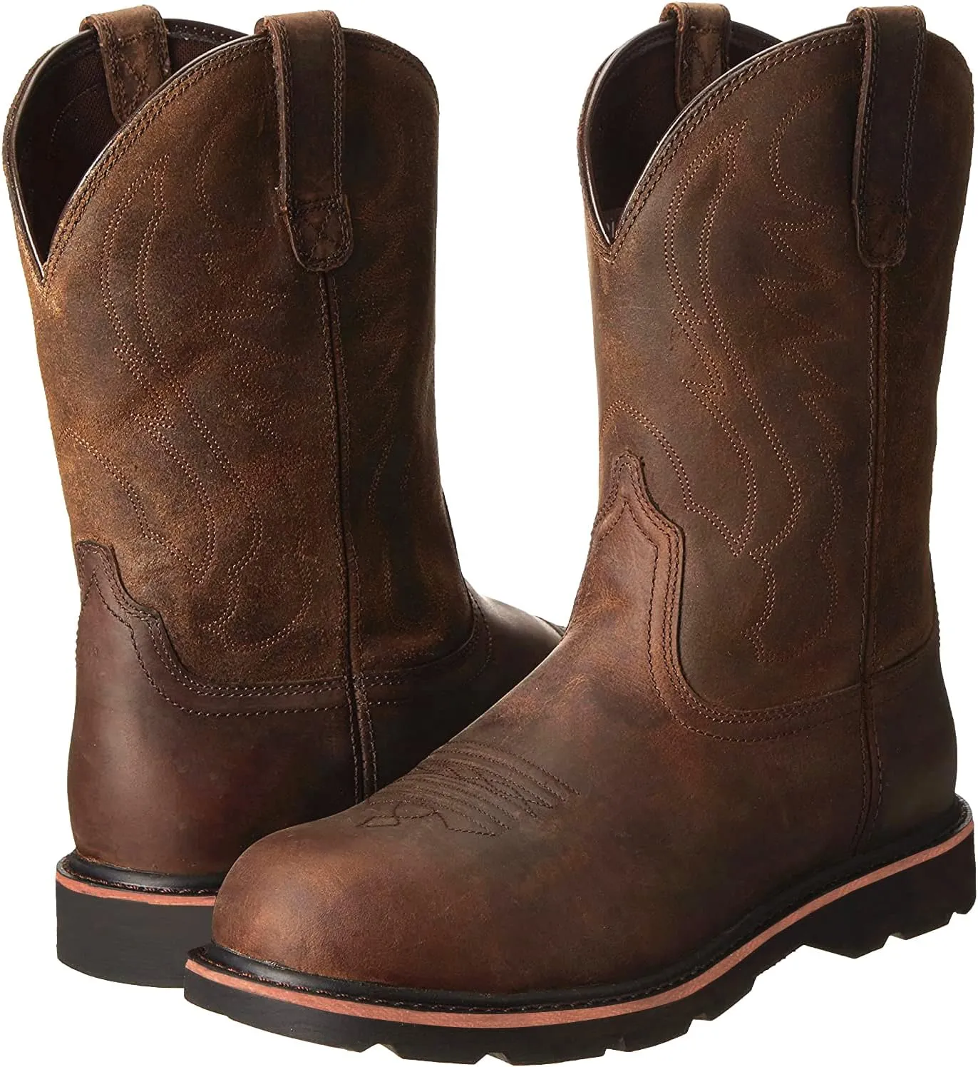 Work Boots for Men - Composite Toe Brown Combat Boots, Pull On Chunky Heel Round Toe Cowboy Boots
