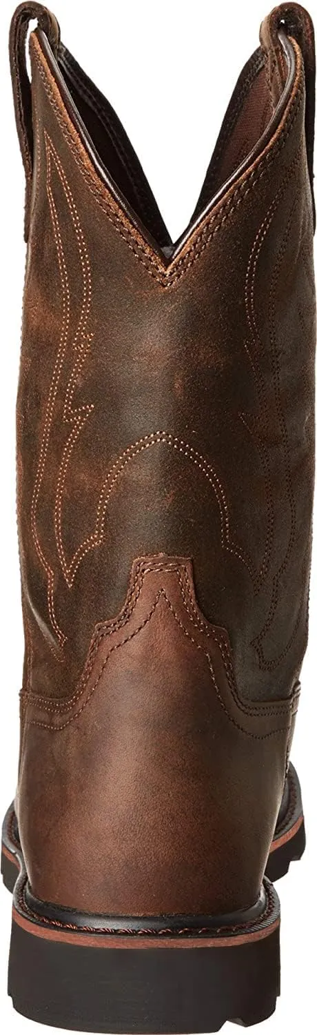 Work Boots for Men - Composite Toe Brown Combat Boots, Pull On Chunky Heel Round Toe Cowboy Boots