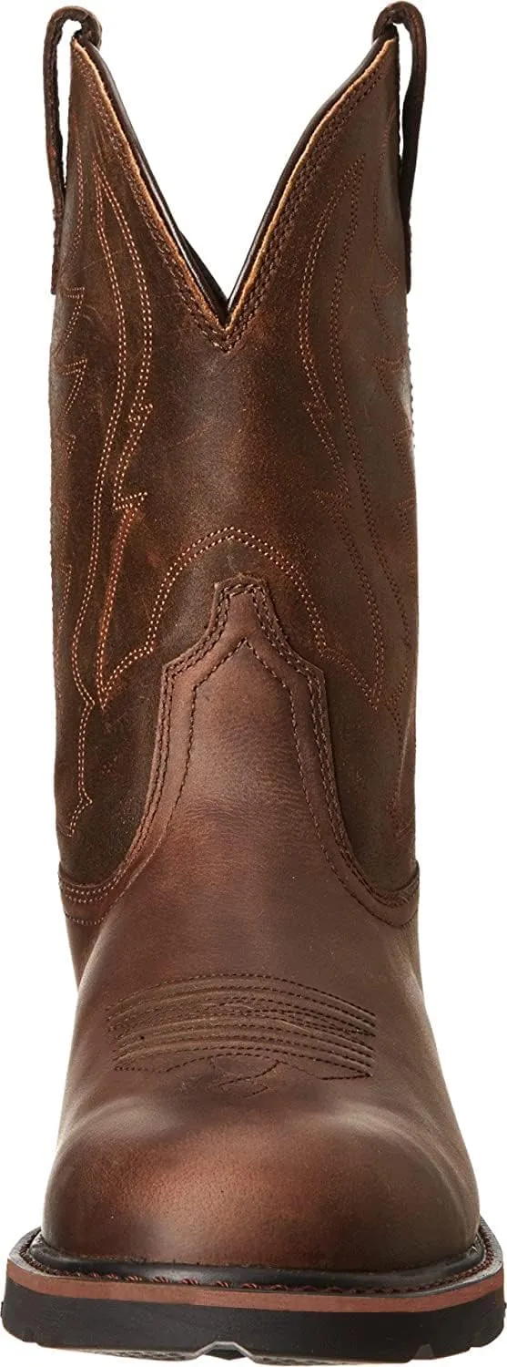 Work Boots for Men - Composite Toe Brown Combat Boots, Pull On Chunky Heel Round Toe Cowboy Boots