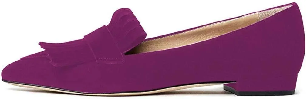 XYD Women Vintage Fringe Dress Flats Pointy Closed Toe Slip Ons Driver Loafers Chunky Low Heel Casual Shoes