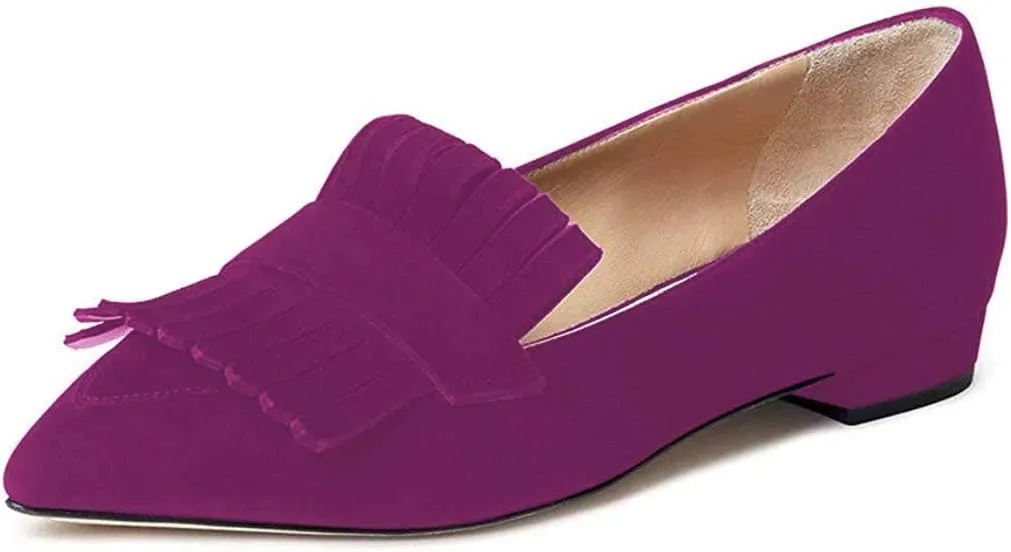 XYD Women Vintage Fringe Dress Flats Pointy Closed Toe Slip Ons Driver Loafers Chunky Low Heel Casual Shoes