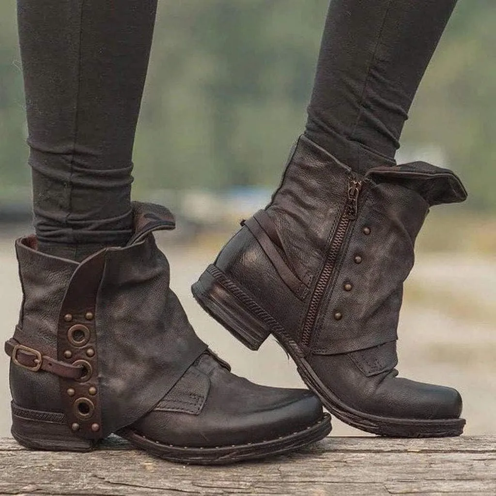 ZBYY Women's Buckle Ankle Boots,Winter PU Leather Combat Ankle Boots Toe Side Zipper Buckle Block Low Heel Casual Shoes