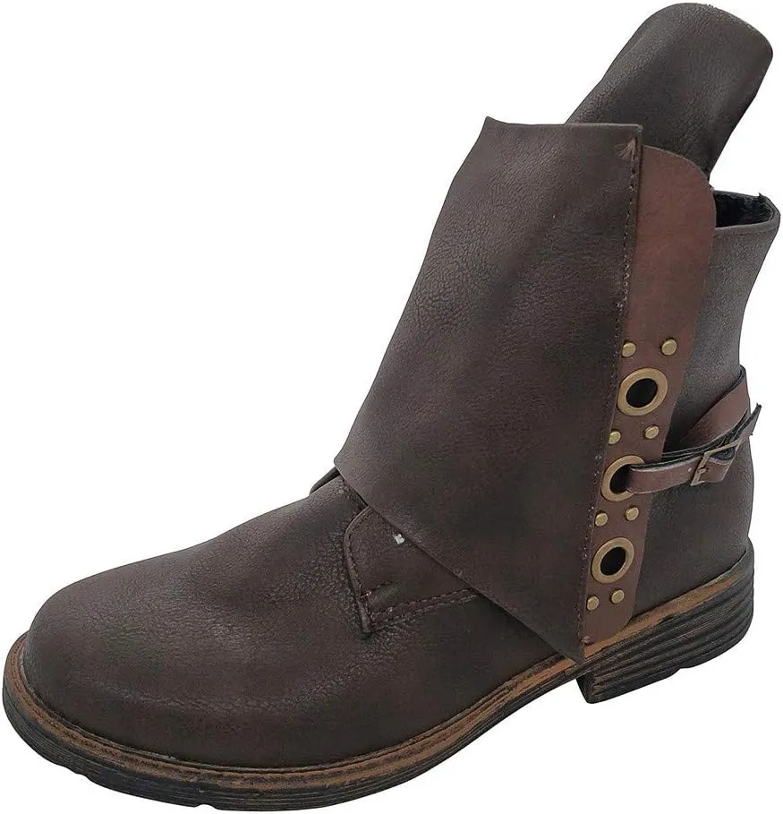 ZBYY Women's Buckle Ankle Boots,Winter PU Leather Combat Ankle Boots Toe Side Zipper Buckle Block Low Heel Casual Shoes