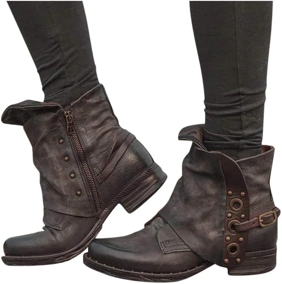 ZBYY Women's Buckle Ankle Boots,Winter PU Leather Combat Ankle Boots Toe Side Zipper Buckle Block Low Heel Casual Shoes
