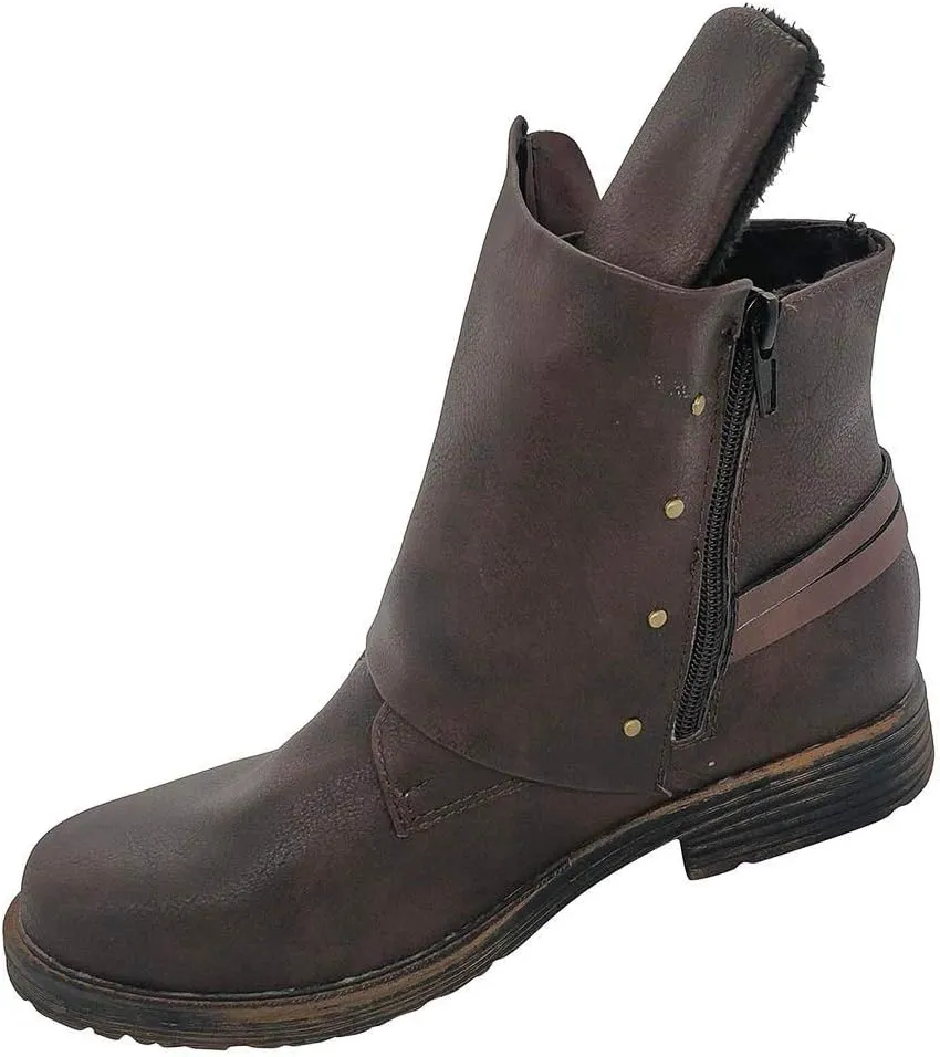 ZBYY Women's Buckle Ankle Boots,Winter PU Leather Combat Ankle Boots Toe Side Zipper Buckle Block Low Heel Casual Shoes