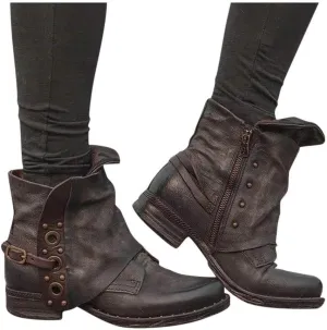 ZBYY Women's Buckle Ankle Boots,Winter PU Leather Combat Ankle Boots Toe Side Zipper Buckle Block Low Heel Casual Shoes