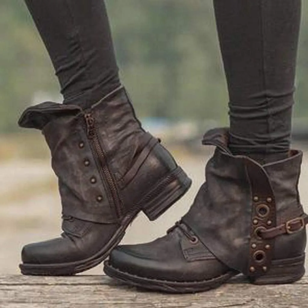ZBYY Women's Buckle Ankle Boots,Winter PU Leather Combat Ankle Boots Toe Side Zipper Buckle Block Low Heel Casual Shoes