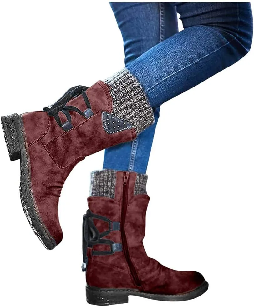 ZBYY Women's Knee High Riding Boots Winter Vintage Lace up Mid Calf Knee High Boots Side Zipper Round Toe Low Heel Boots