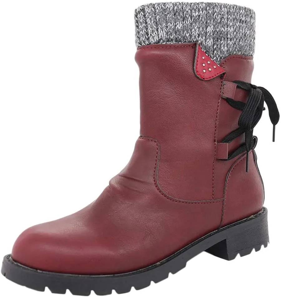 ZBYY Women's Knee High Riding Boots Winter Vintage Lace up Mid Calf Knee High Boots Side Zipper Round Toe Low Heel Boots