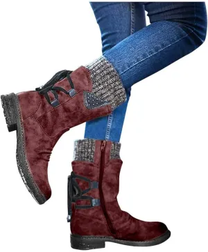 ZBYY Women's Knee High Riding Boots Winter Vintage Lace up Mid Calf Knee High Boots Side Zipper Round Toe Low Heel Boots