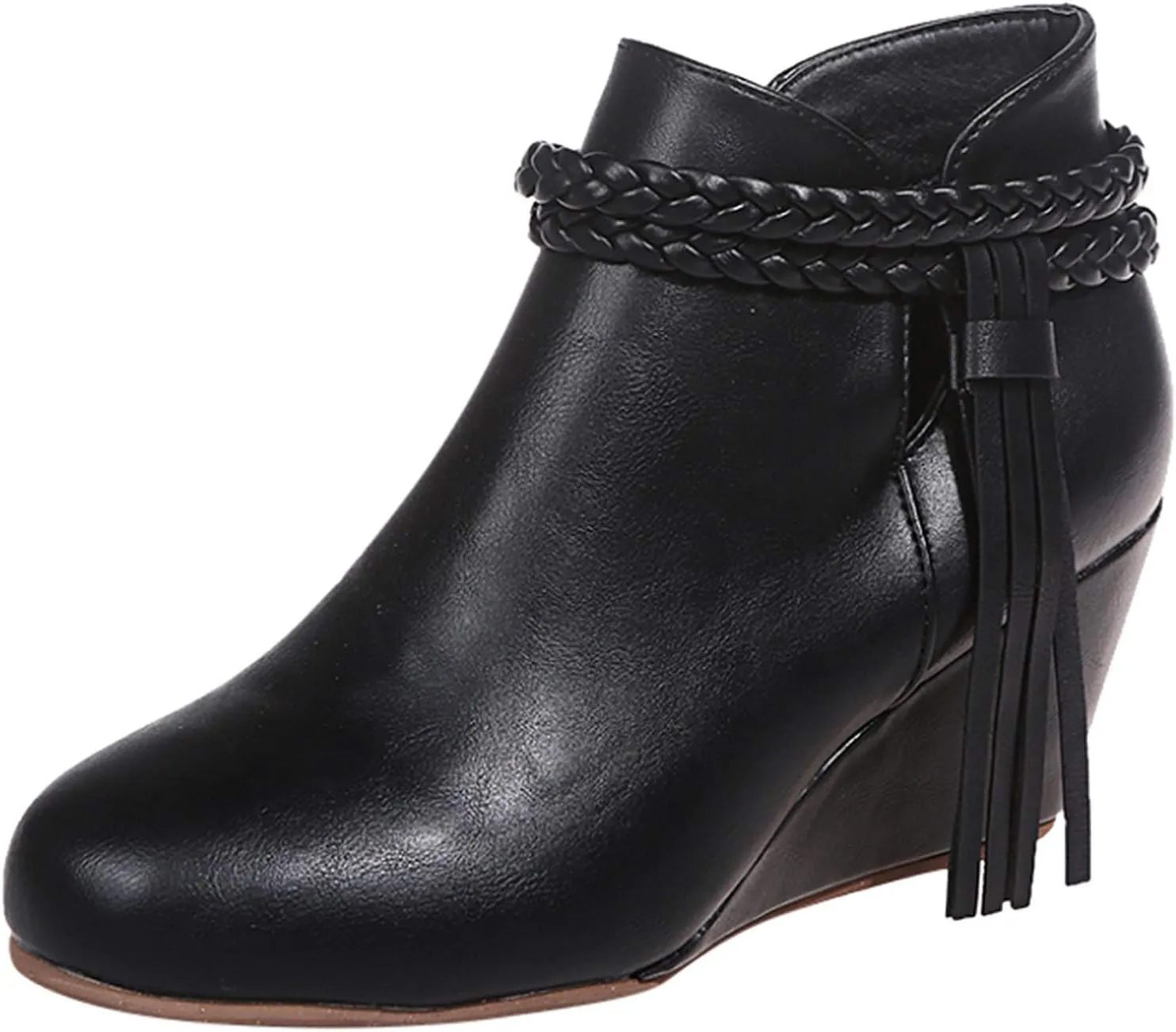 ZBYY Womens Wedge Ankle Boots Vintage Ankle Straps Side Zipper Round Toe Fringe Strap Western Heeled Winter Booties