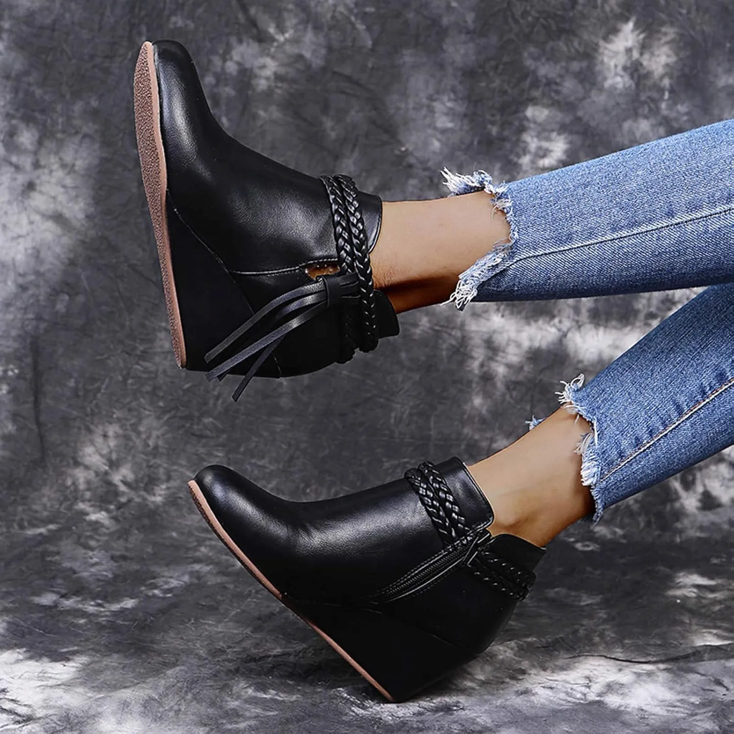 ZBYY Womens Wedge Ankle Boots Vintage Ankle Straps Side Zipper Round Toe Fringe Strap Western Heeled Winter Booties