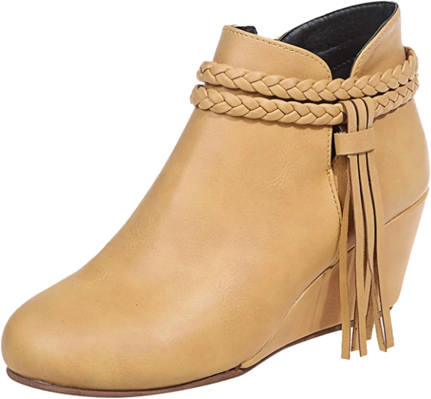 ZBYY Womens Wedge Ankle Boots Vintage Ankle Straps Side Zipper Round Toe Fringe Strap Western Heeled Winter Booties