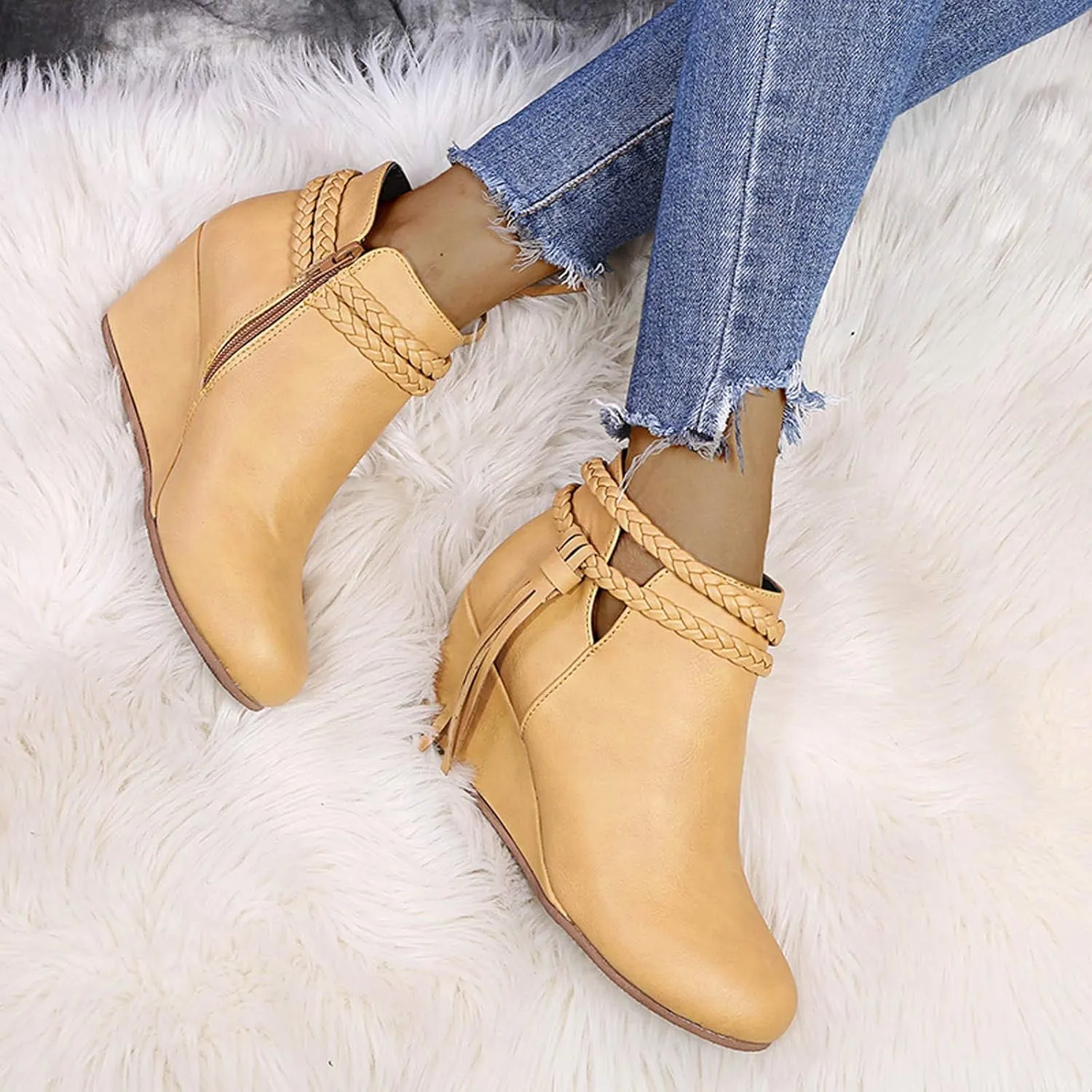 ZBYY Womens Wedge Ankle Boots Vintage Ankle Straps Side Zipper Round Toe Fringe Strap Western Heeled Winter Booties