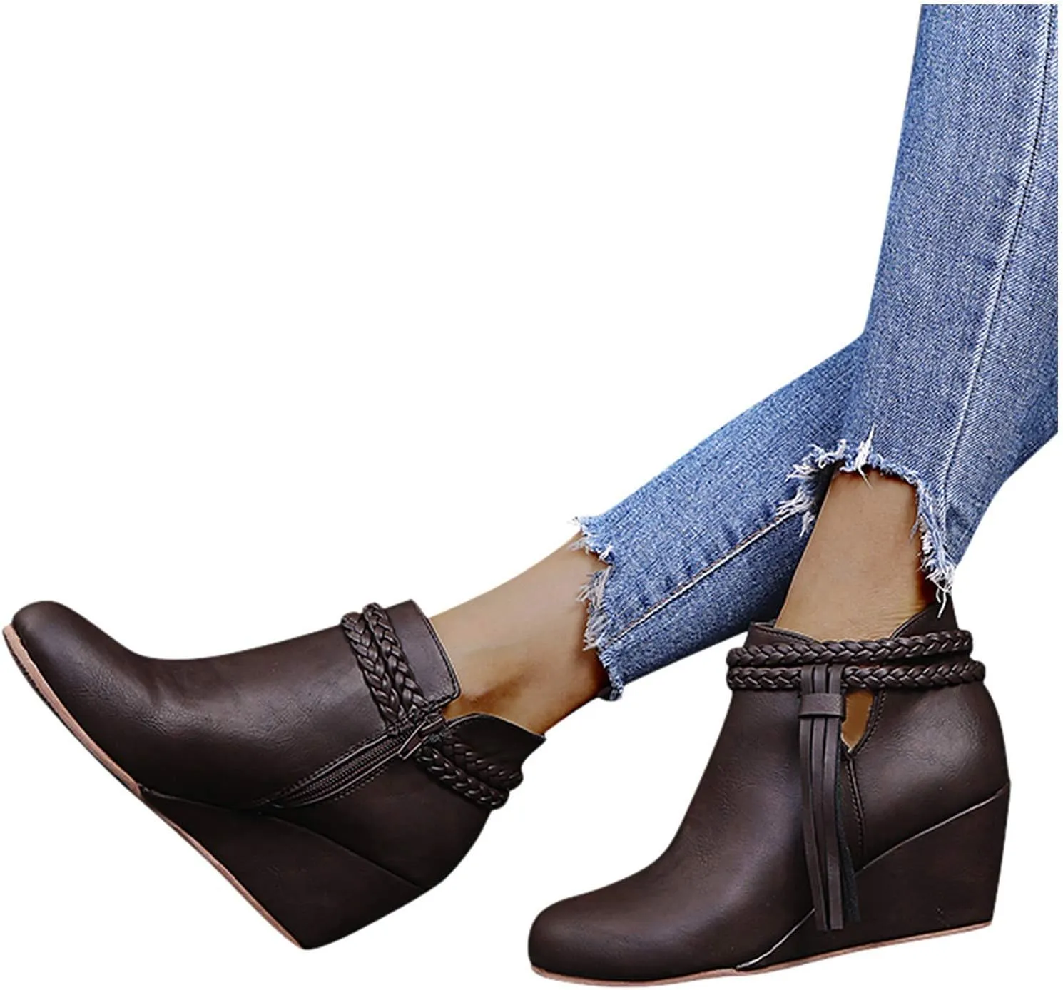 ZBYY Womens Wedge Ankle Boots Vintage Ankle Straps Side Zipper Round Toe Fringe Strap Western Heeled Winter Booties