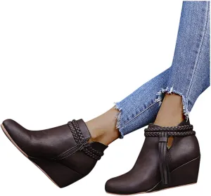 ZBYY Womens Wedge Ankle Boots Vintage Ankle Straps Side Zipper Round Toe Fringe Strap Western Heeled Winter Booties