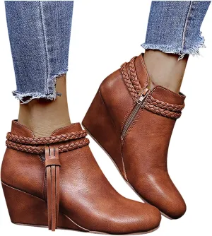 ZBYY Womens Wedge Ankle Boots Vintage Ankle Straps Side Zipper Round Toe Fringe Strap Western Heeled Winter Booties