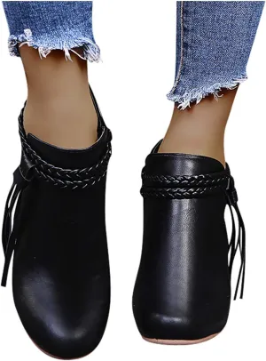ZBYY Womens Wedge Ankle Boots Vintage Ankle Straps Side Zipper Round Toe Fringe Strap Western Heeled Winter Booties