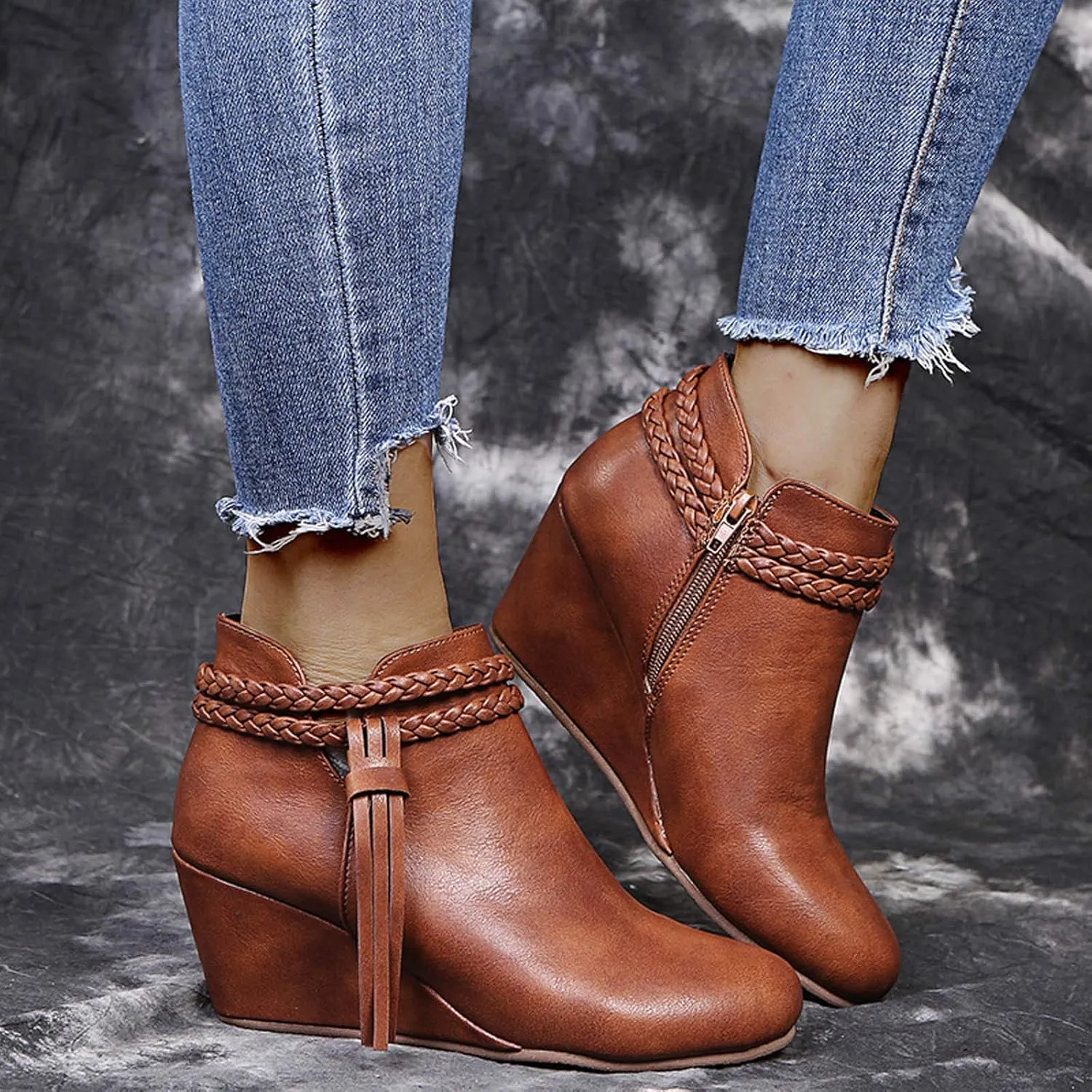 ZBYY Womens Wedge Ankle Boots Vintage Ankle Straps Side Zipper Round Toe Fringe Strap Western Heeled Winter Booties