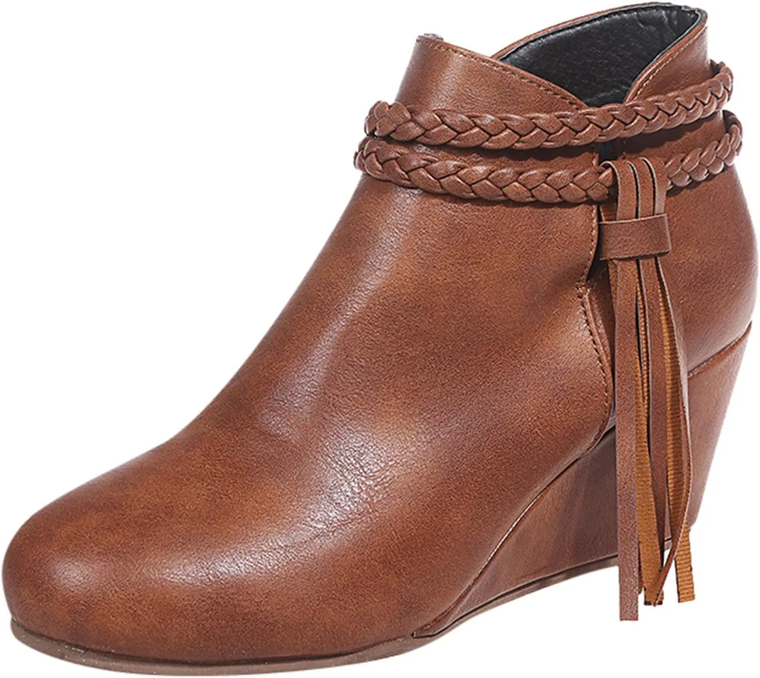 ZBYY Womens Wedge Ankle Boots Vintage Ankle Straps Side Zipper Round Toe Fringe Strap Western Heeled Winter Booties