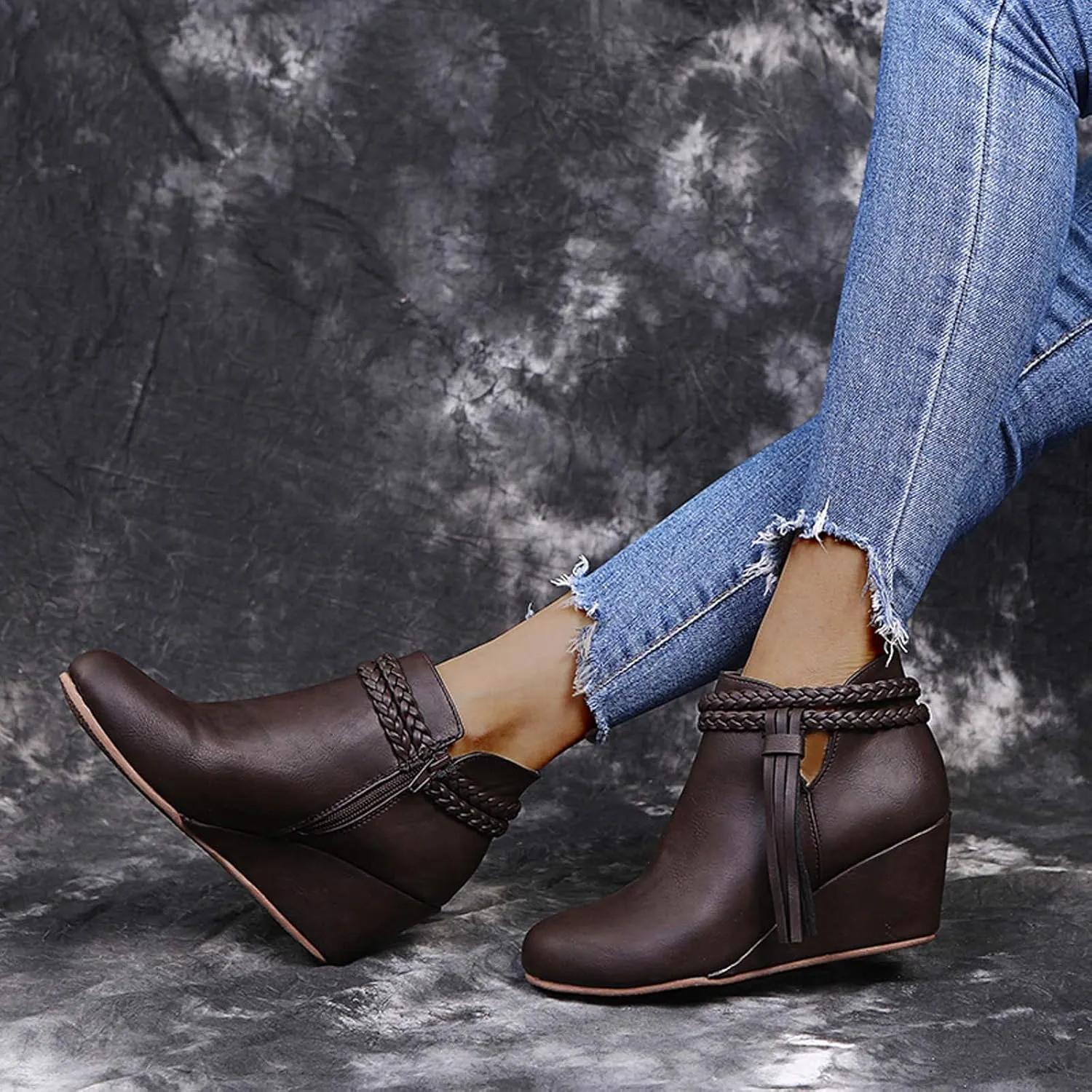 ZBYY Womens Wedge Ankle Boots Vintage Ankle Straps Side Zipper Round Toe Fringe Strap Western Heeled Winter Booties