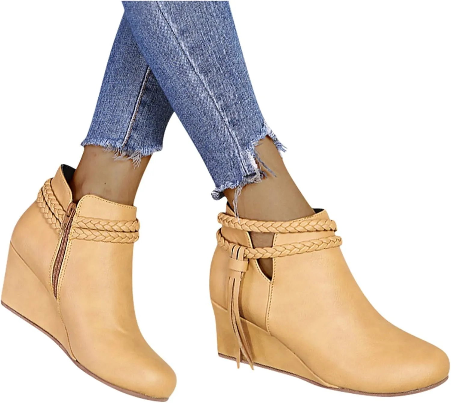 ZBYY Womens Wedge Ankle Boots Vintage Ankle Straps Side Zipper Round Toe Fringe Strap Western Heeled Winter Booties