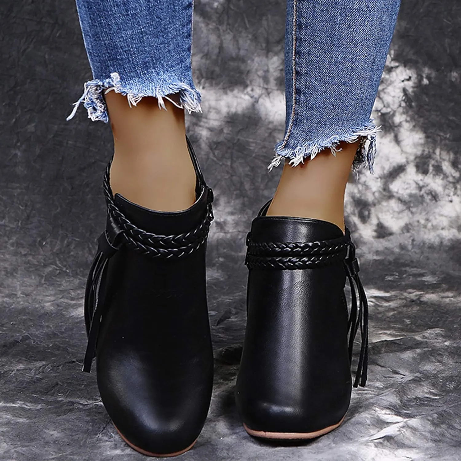 ZBYY Womens Wedge Ankle Boots Vintage Ankle Straps Side Zipper Round Toe Fringe Strap Western Heeled Winter Booties