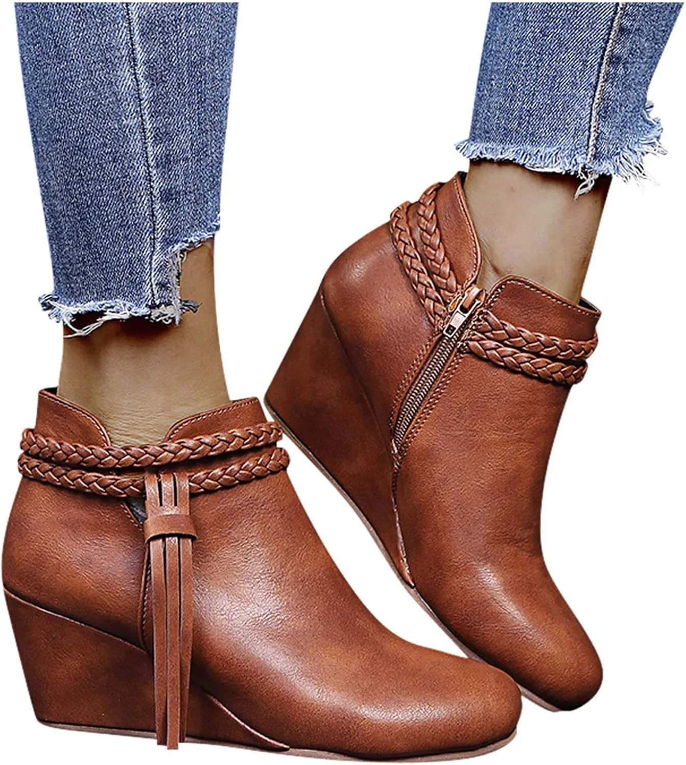 ZBYY Womens Wedge Ankle Boots Vintage Ankle Straps Side Zipper Round Toe Fringe Strap Western Heeled Winter Booties